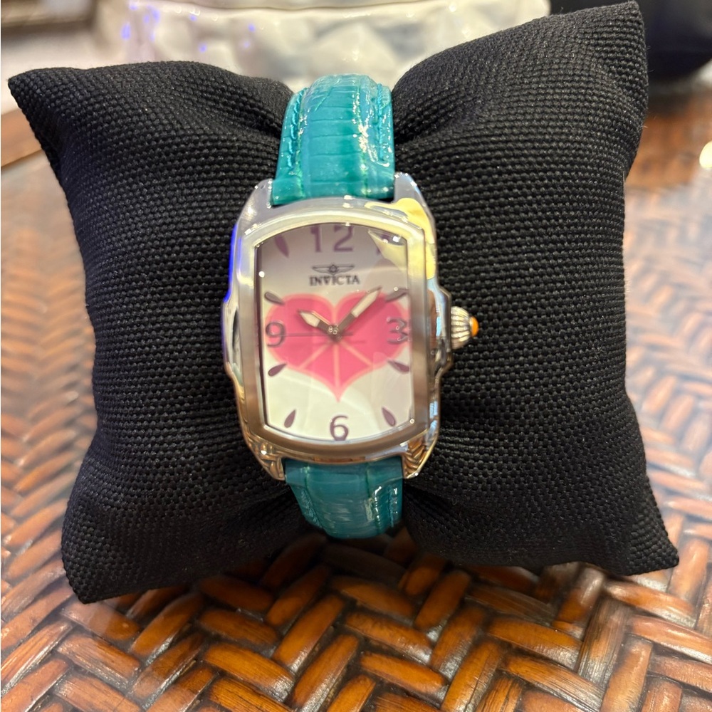 Invicta Silver Watch with Teal Strap and Pink Heart Dial